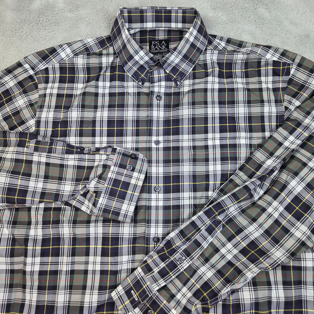 Jos. A. Bank Button Down Shirt Mens L Travelers Collection Plaid Navy Green L/S